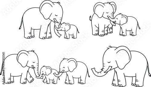 Cute elephant family line art set with mother and baby animals outline cartoon vector illustration collection