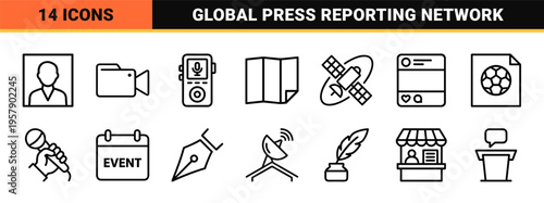 Journalism and Mass Media Broadcasting Outline Icons Featuring Minimalist Monoline Geometric Line Art for Digital News and Press Reporting.