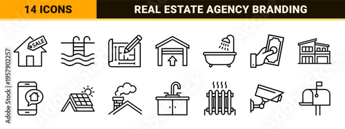 Residential Real Estate and Property Management Minimalist Monoline Geometric Line Art Icons for Professional Architectural Web Design
