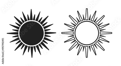 Two stylized sun icons one filled one outlined radiating light