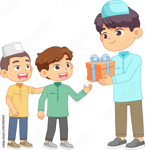 Happy Muslim boys receiving a gift during a festive celebration, conveying joy and togetherness