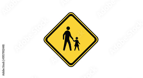 Yellow warning sign depicting adult and child pedestrian crossing