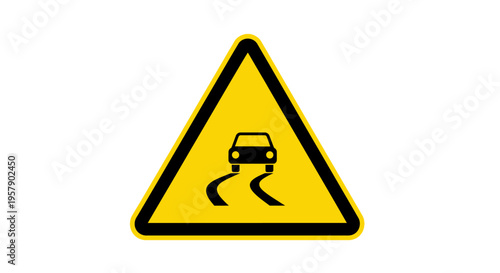 Yellow triangular slippery road warning sign with skidding car