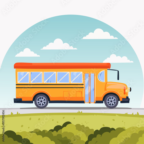 Yellow school bus illustration driving on road under blue sky