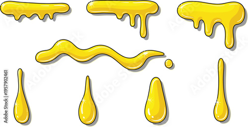 Set of yellow honey or oil liquid splashes and drops sweet golden splashes liquid shapes
