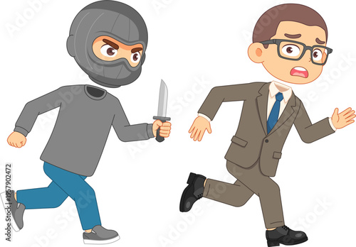 Cartoon robber with knife chasing a scared businessman in a suit