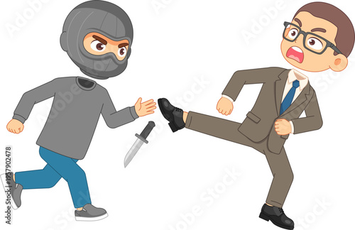 Man in suit kicks attacker wearing ski mask and holding knife