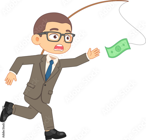 Businessman chasing a dangling dollar bill on a string, looking desperate