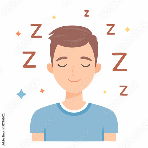 Young man sleeping peacefully with Zs and stars
