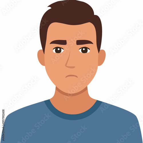 Young man with concerned expression wearing blue t-shirt