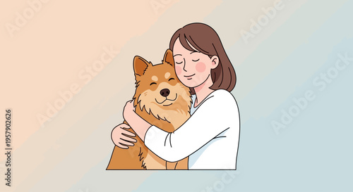 Young woman hugging happy brown dog with closed eyes
