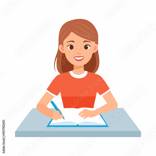 Young woman student writing in notebook at desk