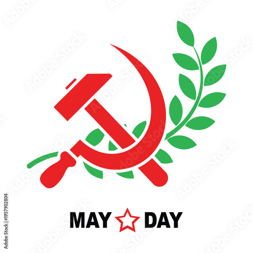 Red hammer and sickle with green laurel leaves for may day international workers day