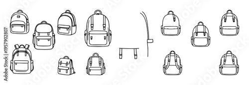 Backpack and school bag icon set with flat modern design featuring various shapes, sizes, and colors with travel and education themes