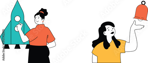 A mentor shows a student a rocket while the student holds a bell.