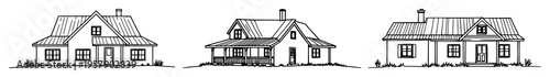 Abstract country house set with a sole continuous line illustration showing a stylized rural dwelling featuring line art, minimalist, black and white with vector and illustration