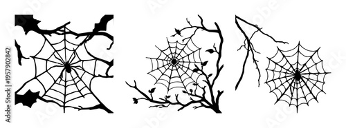 Spider web set with solid black silhouette design featuring arachnid, cobweb, halloween with spooky and eerie elements