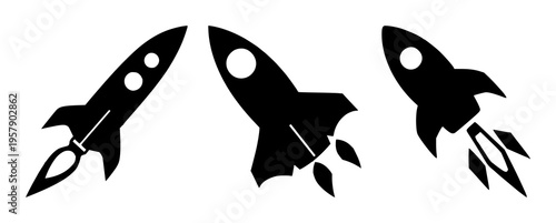 Rocket ship set with minimalist black silhouette featuring upward launch, diagonal angle, porthole with engine blast and white background