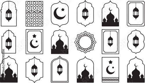 Ramadan Kareem Islamic geometric patterns and mosque silhouettes with lanterns and crescent moon symbols