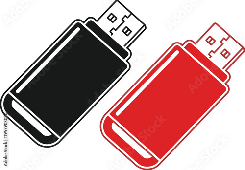 Usb flash drive icon set in black and red colors showing portable data storage device for computing