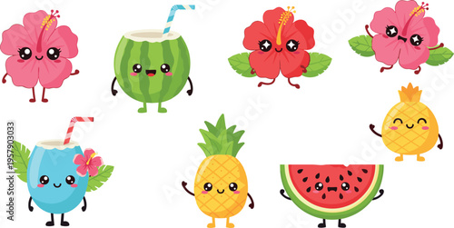 Cute tropical fruit and flower characters set with pineapple watermelon coconut hibiscus cartoon vector illustration collection