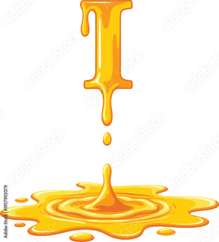 Golden dripping liquid forming the letter i with puddle and ripple effects in glossy cartoon style