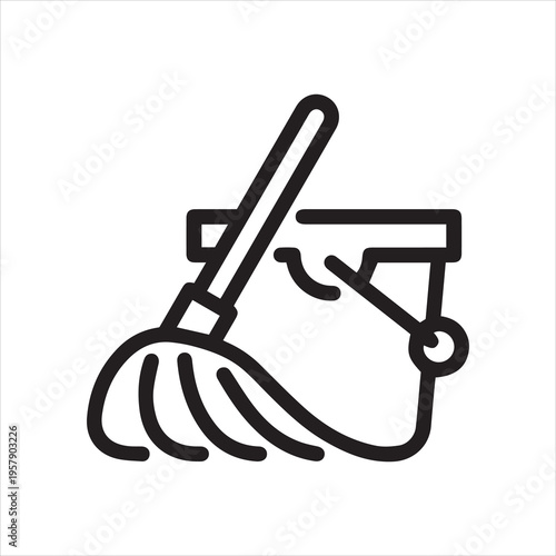 Thin Outline Bucket and Mop. Such Line Sign as Floor Cleaning, Clean, Room cleanup, Housekeeping, Clean Up. Vector Isolated Custom Pictogram for Web and App on White Background Editable Stroke.