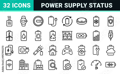 Minimalist Monoline Battery and Power Supply Line Art. High-End Geometric Energy Storage and Charging Interface Symbols for Digital Systems.