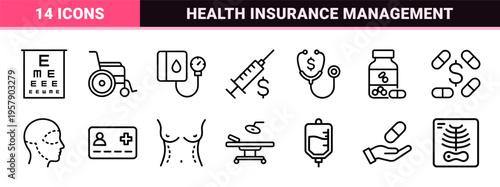 Healthcare Economics and Medical Services Minimalist Monoline Icon Set featuring Geometric Line Art for Clinical and Financial Utility.