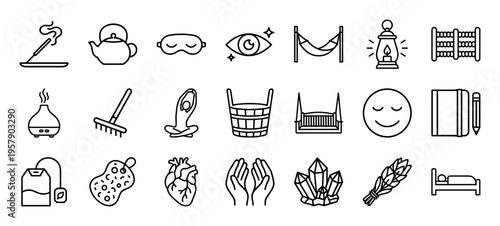 Wellness and Mindfulness Minimalist Monoline Icon Set for Holistic Spa Therapy, Mental Health, and Zen Relaxation Branding Systems