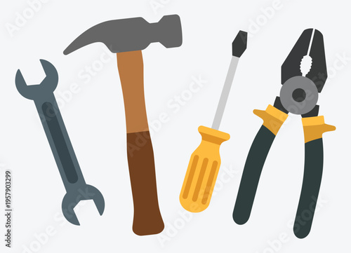 cartoon set of locksmith tools, wrench hammer screwdriver and pliers, vector devices isolated on white background, grey green yellow and brown colors, repair equipment illustration, workshop elements