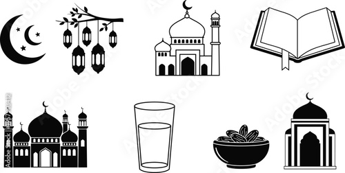 Ramadan icons mosque dates fasting break drink book and moon lantern for islamic celebration