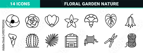 Botanical Flora and Garden Nature Elements in Minimalist Monoline Aesthetic for Modern Interface Design and Branding Applications