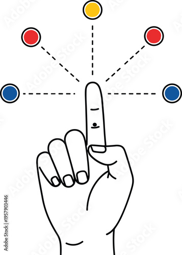 Hand pointing up with colorful circles representing options or choices for decisions and strategies