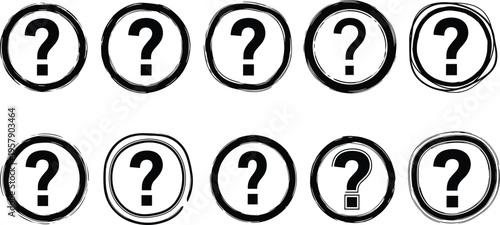 Set of hand drawn sketch question mark symbols in circles, uncertainty concept