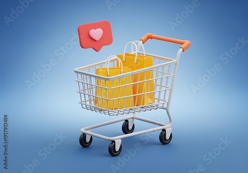 Shopping cart with yellow bags and heart icon on blue gradient background for online shopping and ecommerce concepts
