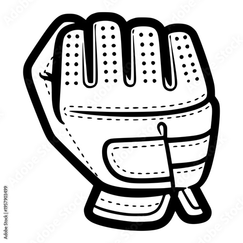 Minimalist vector line art of a combat sports glove, designed for MMA or grappling. This high-contrast black ink design features protective padding and a secure wrist strap.