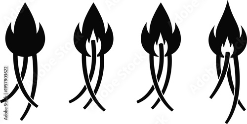 Set of black fire icons representing flame movement and abstract heat elements for creative designs