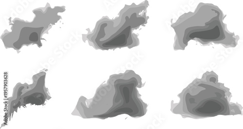Set of gray smoke clouds and abstract steam elements with organic shapes for industrial backgrounds