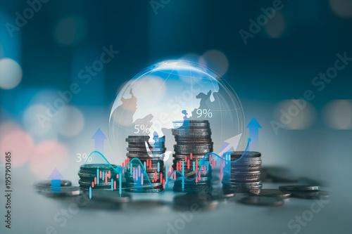 Stacking coins and virtual globe with stock market graph, upward arrows. Concept of financial growth, compound interest, long term investment, and wealth management strategy for success