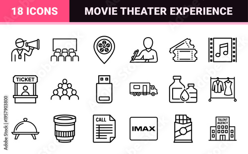 Cinema and Movie Production Industry Minimalist Monoline Outline Symbols for Professional Film Studio and Theater Interface Design
