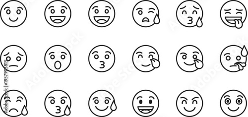 Emoji faces line icons set with different emotions expressions smile cry kiss cartoon vector illustration collection