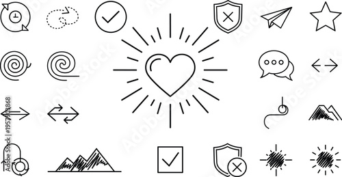 Collection of various line art icons including heart mountains arrows and checkmarks