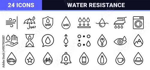 Technical Waterproof Resistance and Material Durability Symbols featuring Minimalist Geometric Monoline Aesthetic for Industrial Product Packaging