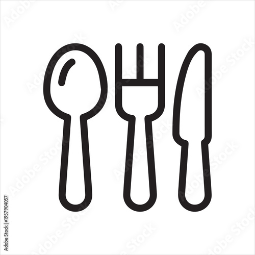 Outline Icon Tablespoon Fork Table Knife, Kitchen Cutlery Top View. Such Line sign as Dining Eating Tools, Restaurant Flatware. Vector Computer Isolated Pictograms on White Background Editable Stroke.