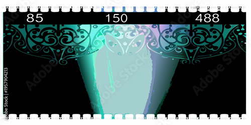 Abstract film strip with ornate teal and white design elements