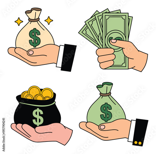 Money Bag and Hands Holding Cash Vector Illustration