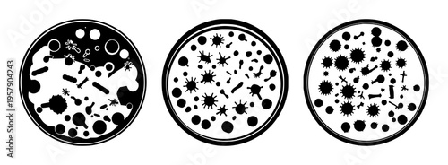 Petri dish set with solid black silhouette and clean circular edges featuring bacteria cultures, microbiology icon, vector graphic with white background and simple design