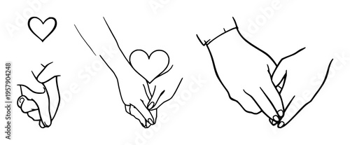 Holding hands set with minimalist one-line drawing style featuring human connection, love, romance with relationships and Saint Valentine's Day