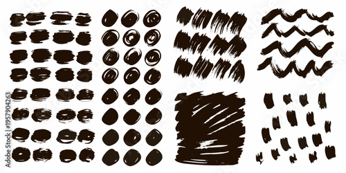 Collection of diverse black brush strokes and textured paint splatters